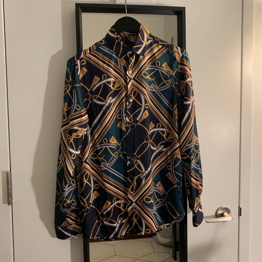 ZARA Man long sleeve dress shirt with chain print in satin-like fabric